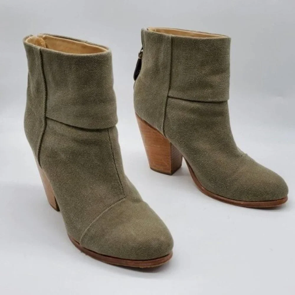 Rag & Bone Newbury Green Canvas Stacked Block Heel Ankle Boots - Picture 5 of 7